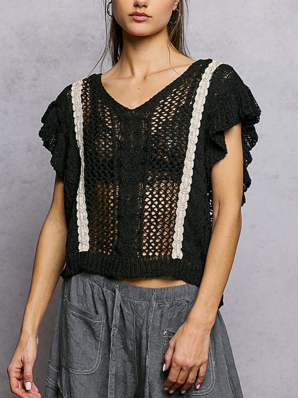 NWT POL Bohemian Black Crochet Ruffle Sleeve Top S M L